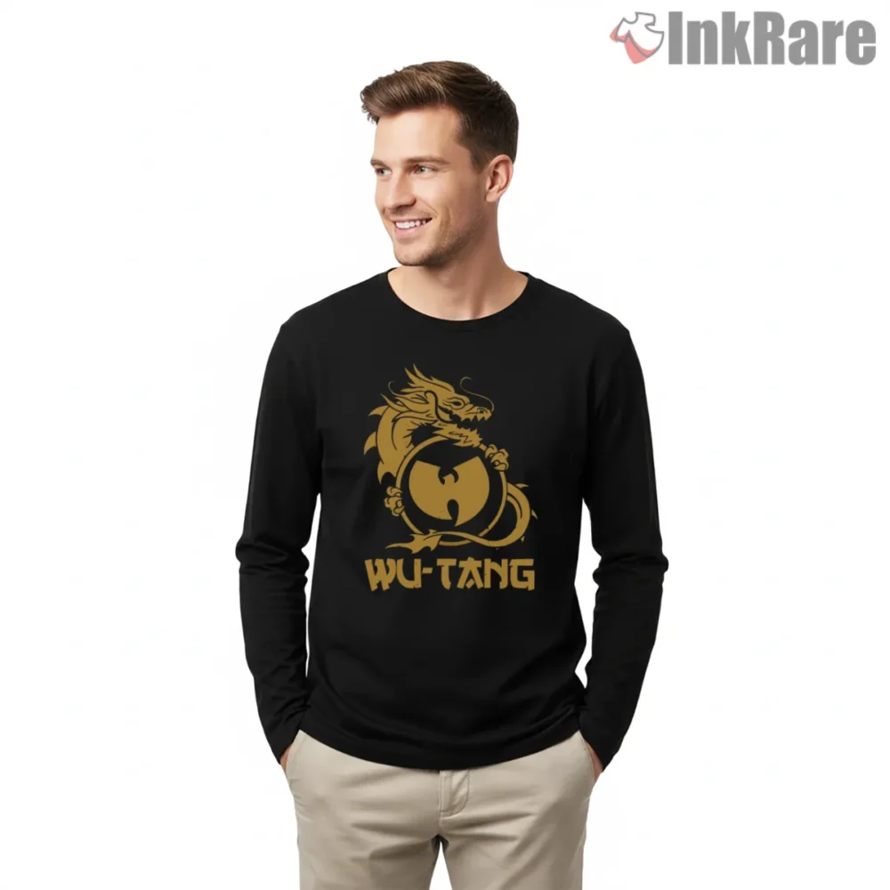 Golden Dragon Wu Tang Crew Shirt on black long sleeve shirt for men graphic tee