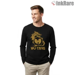 Golden Dragon Wu Tang Crew Shirt on black long sleeve shirt for men graphic tee