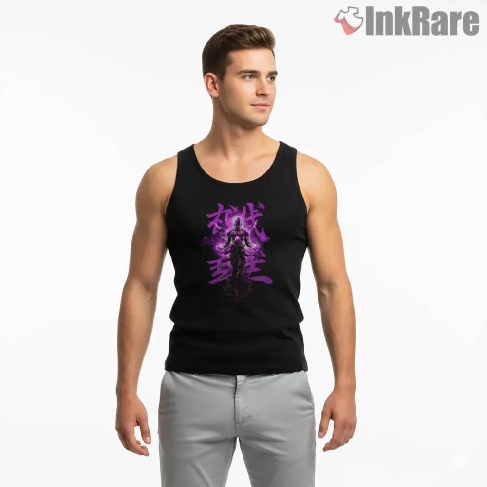 Golden Frieza Purple Shadow Kanji Shirt on black tank top for men graphic tee