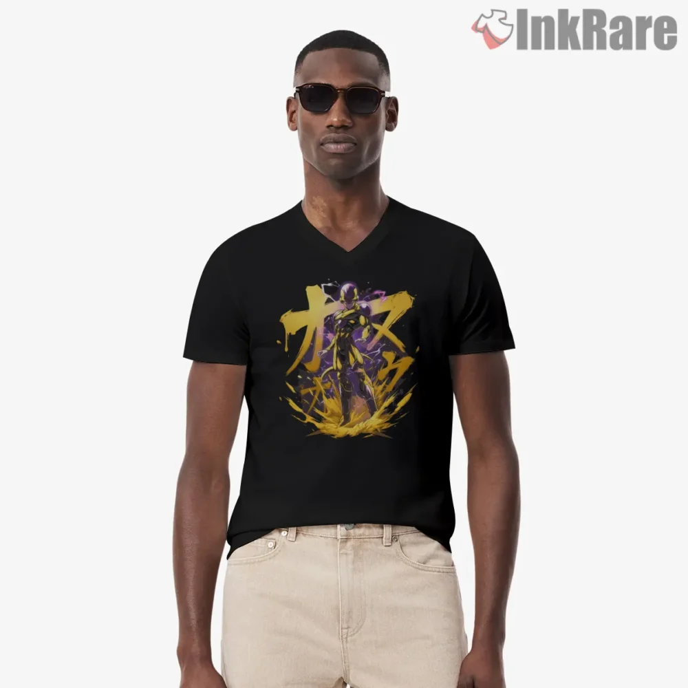 Golden Frieza Radiant Fury Splash Shirt on black v-neck shirt for men graphic tee
