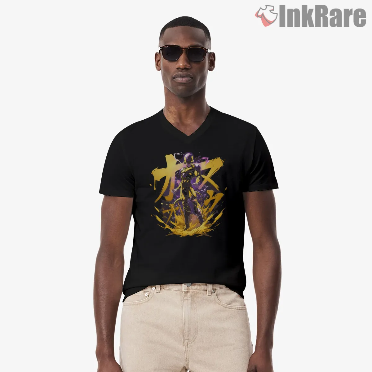 Golden Frieza Radiant Fury Splash V Neck Black Golden Frieza Radiant Fury Splash Shirt on black v-neck shirt for men graphic tee