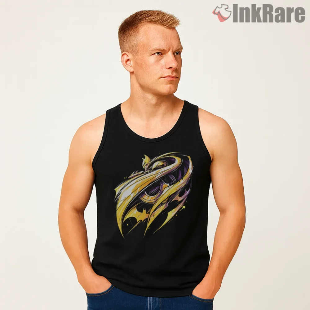 Golden Swirl Batman Logo Art Shirt on black tank top for men graphic tee
