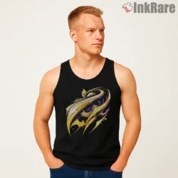 Golden Swirl Batman Logo Art Shirt on black tank top for men graphic tee