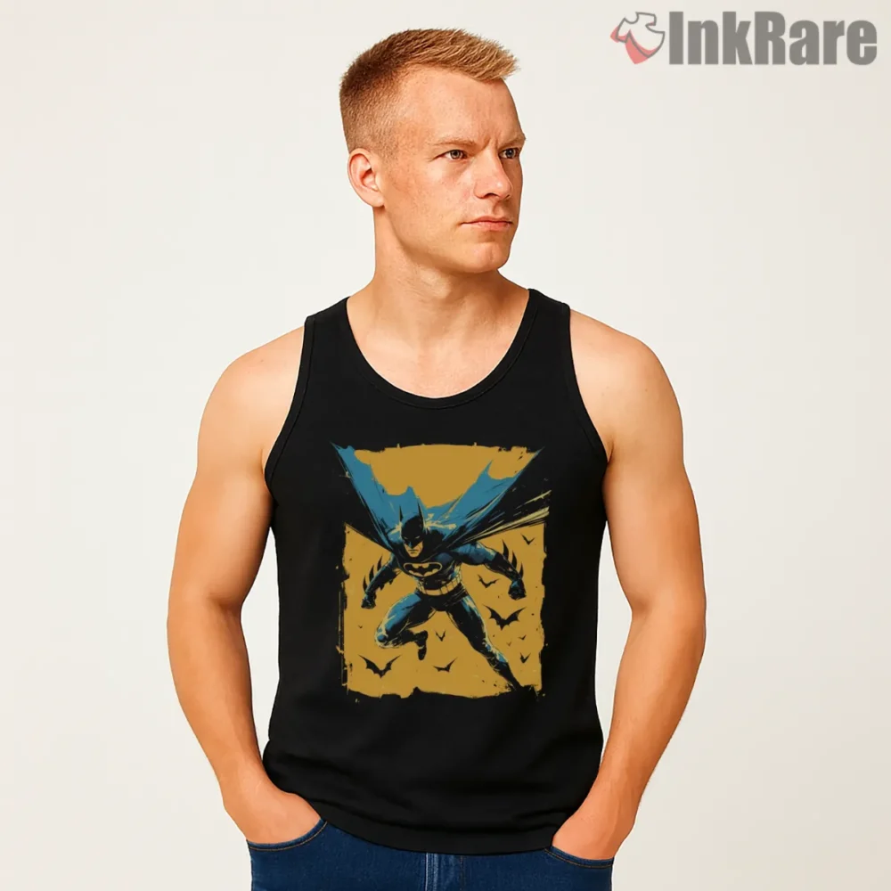 Golden Trail Forward Charge Batman Shirt on black tank top for men graphic tee