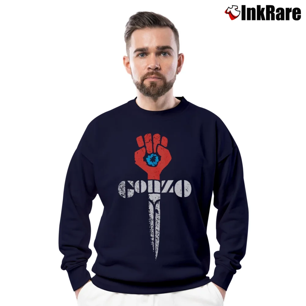 Men’s Gonzo Fist Counterculture Statement Crewneck Sweatshirt in navy | Cozy Fabric, Clean Style