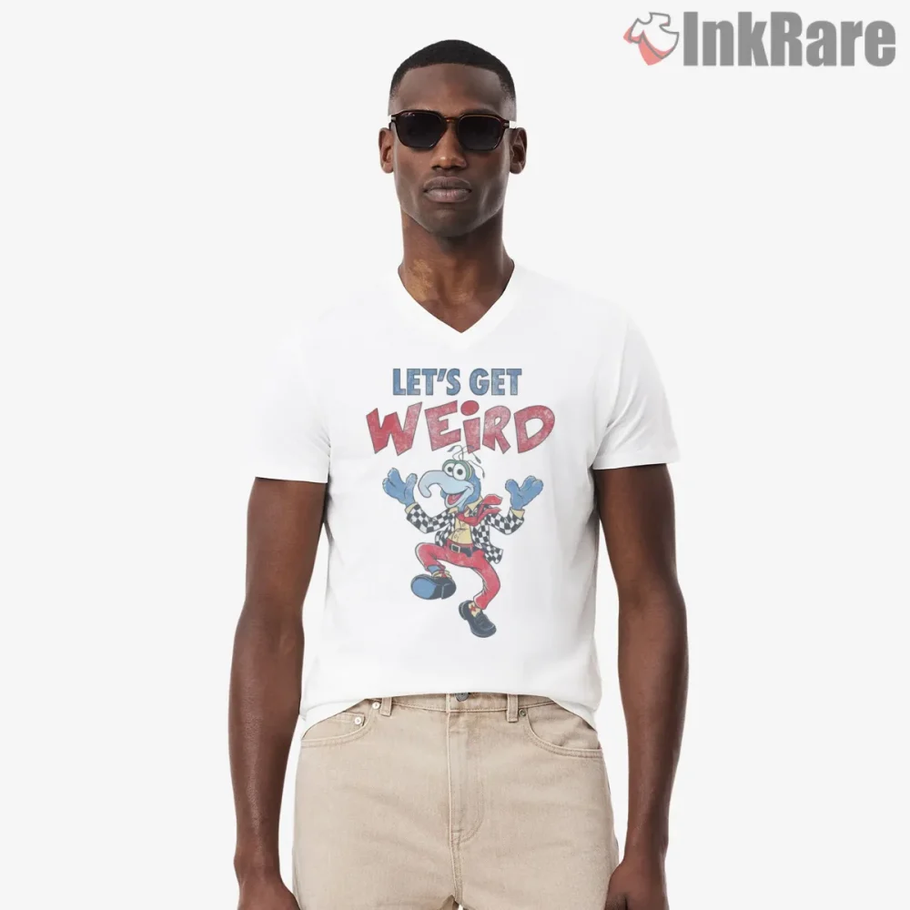 Gonzo Lets Get Weird Vintage Circus Poster Shirt on white v-neck shirt for men graphic tee