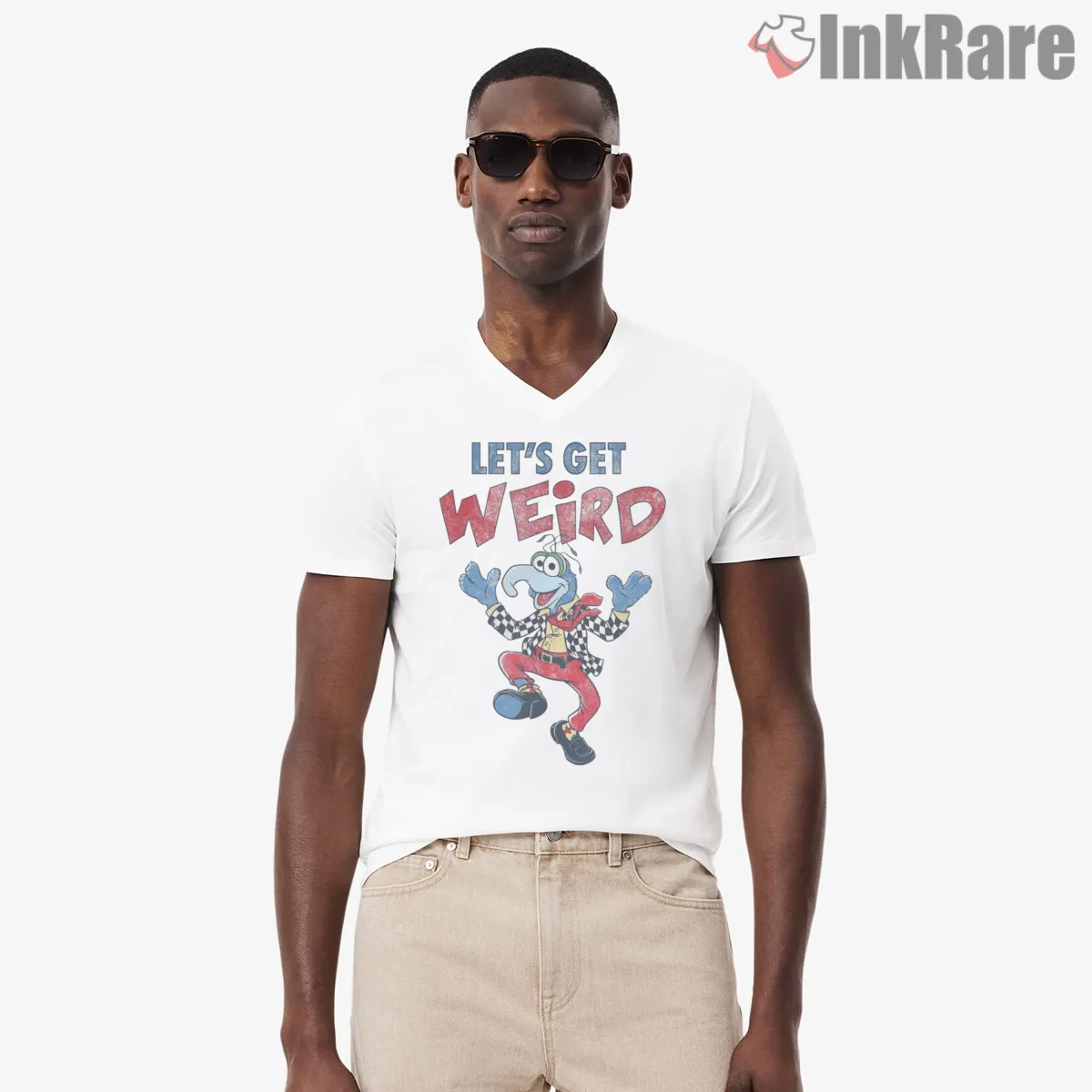 Gonzo Lets Get Weird Vintage Circus Poster V Neck White Gonzo Lets Get Weird Vintage Circus Poster Shirt on white v-neck shirt for men graphic tee