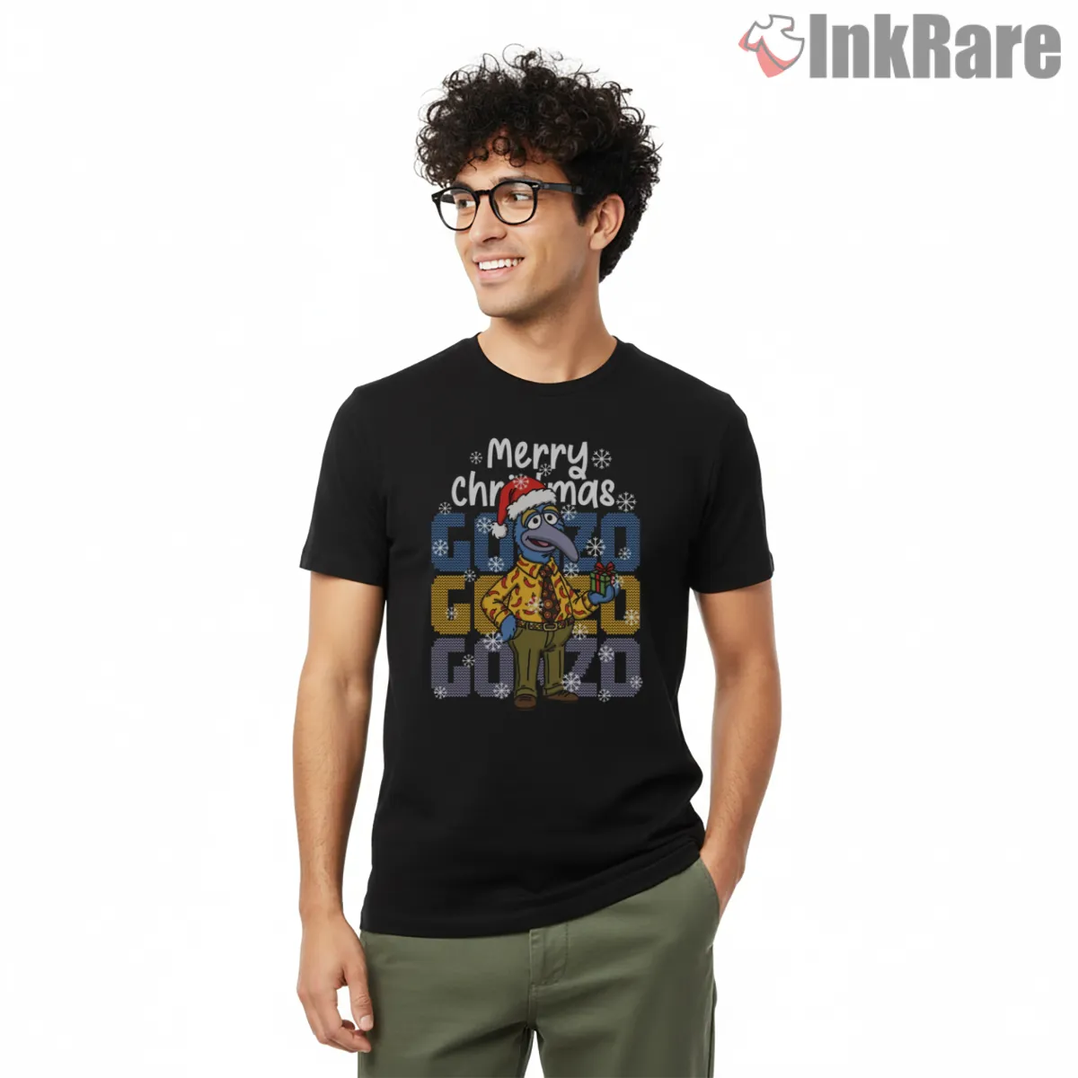 Gonzo Merry Christmas Retro Pixel Holiday Character Shirt on black short sleeve shirt for men graphic tee