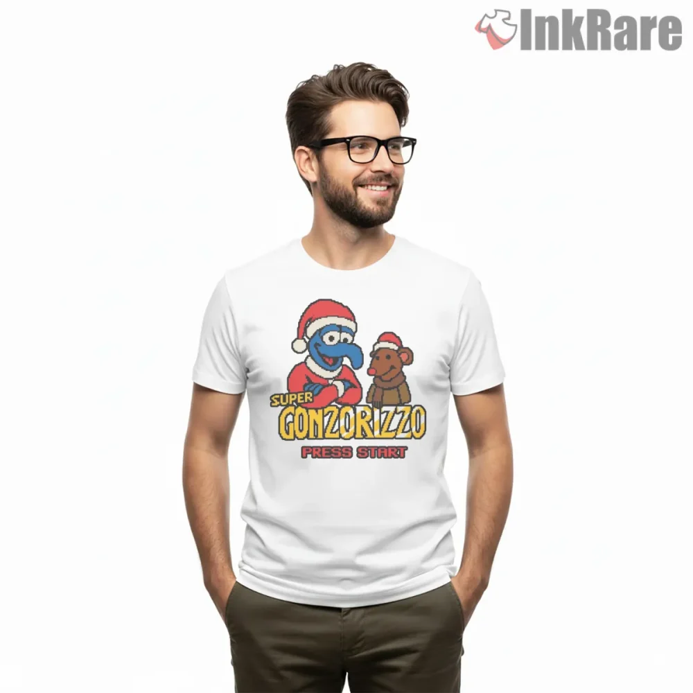 Gonzo Rizzo Christmas Retro Game Parody Shirt on white short sleeve shirt for men graphic tee
