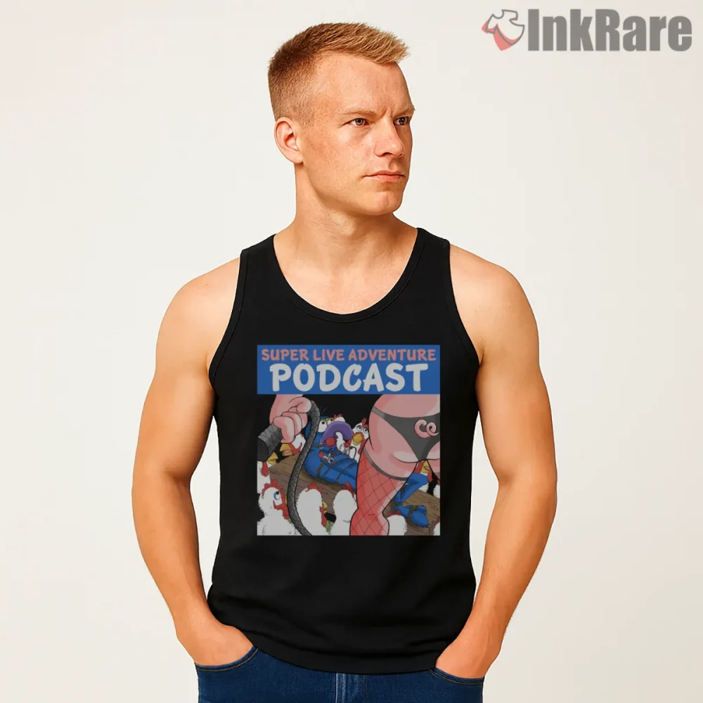 Gonzo Super Live Adventure Podcast Funny Cartoon Shirt on black tank top for men graphic tee