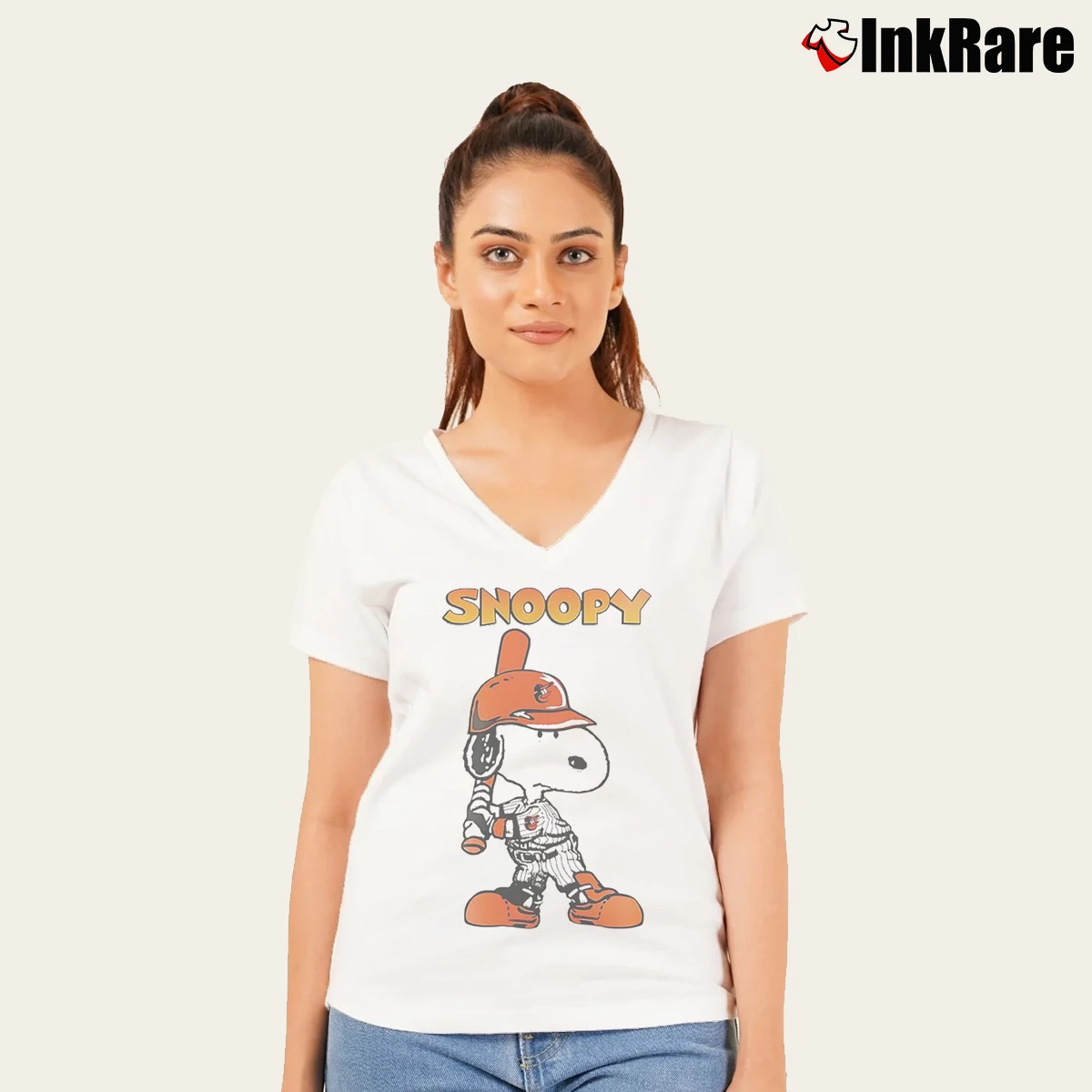 Good Baltimore Orioles Snoopy Player Women’s V-Neck Tee in white – Flattering Fit Women’s Good Baltimore Orioles Snoopy Player V-Neck Tee in white | Chic Neckline, Soft Texture