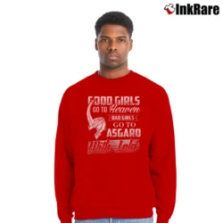 Men’s Good Girls Go To Heaven Bad Girls Go To Asgard With Loki Crewneck Sweatshirt in red | Cozy Fabric, Clean Style
