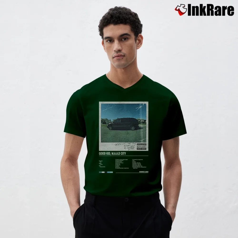 Men’s Good Kid Maad City Album Kendrick Lamar V-Neck Tee in forest green | Sharp, Breathable, Everyday Staple