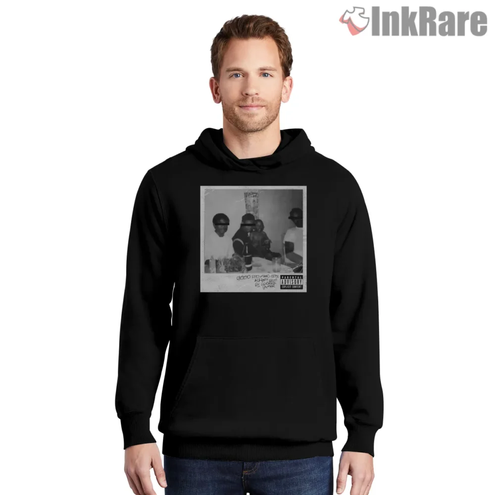 Good Kid Maad City Alternative Black And White Cover Shirt on black hoodie for men graphic tee