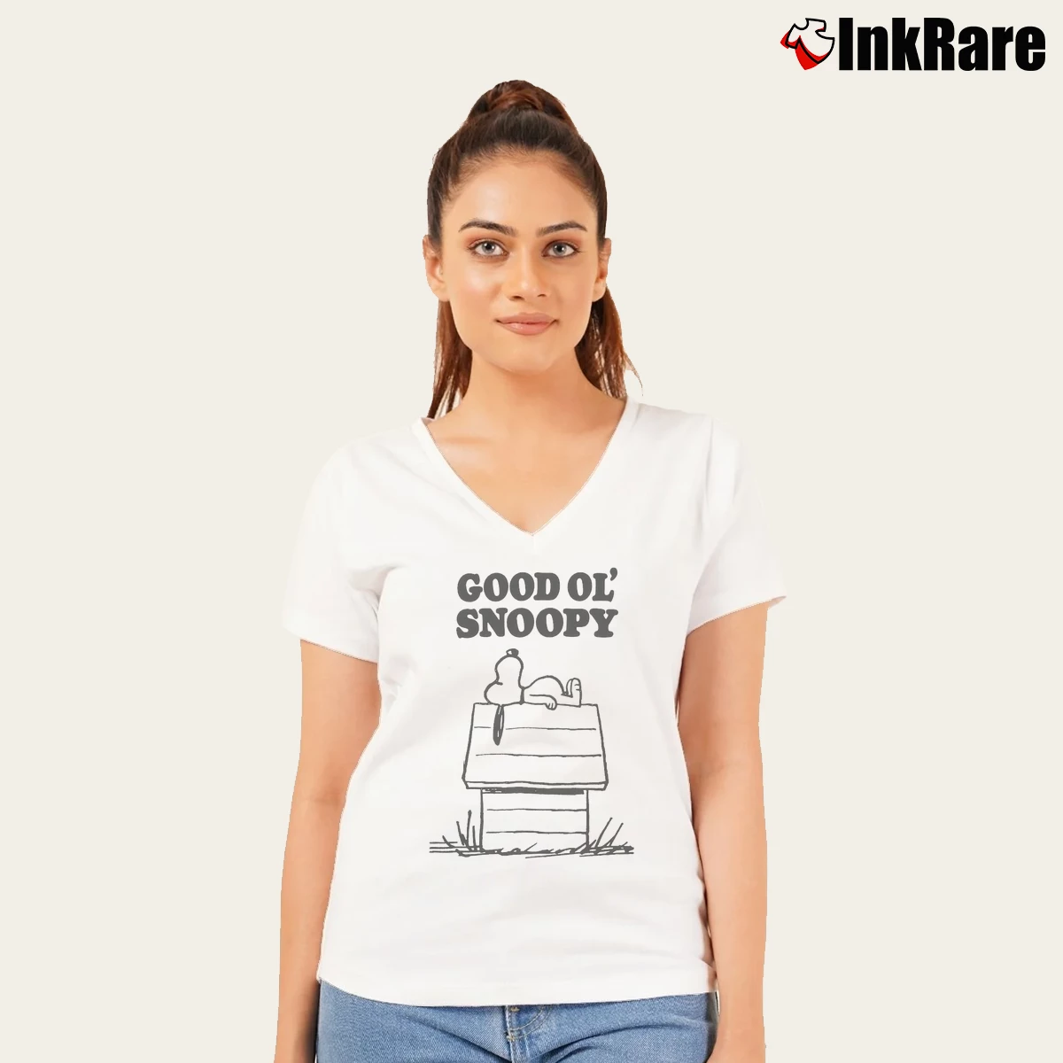 good ol snoopy Women’s V-Neck Tee in white – Flattering Fit Women’s good ol snoopy V-Neck Tee in white | Chic Neckline, Soft Texture
