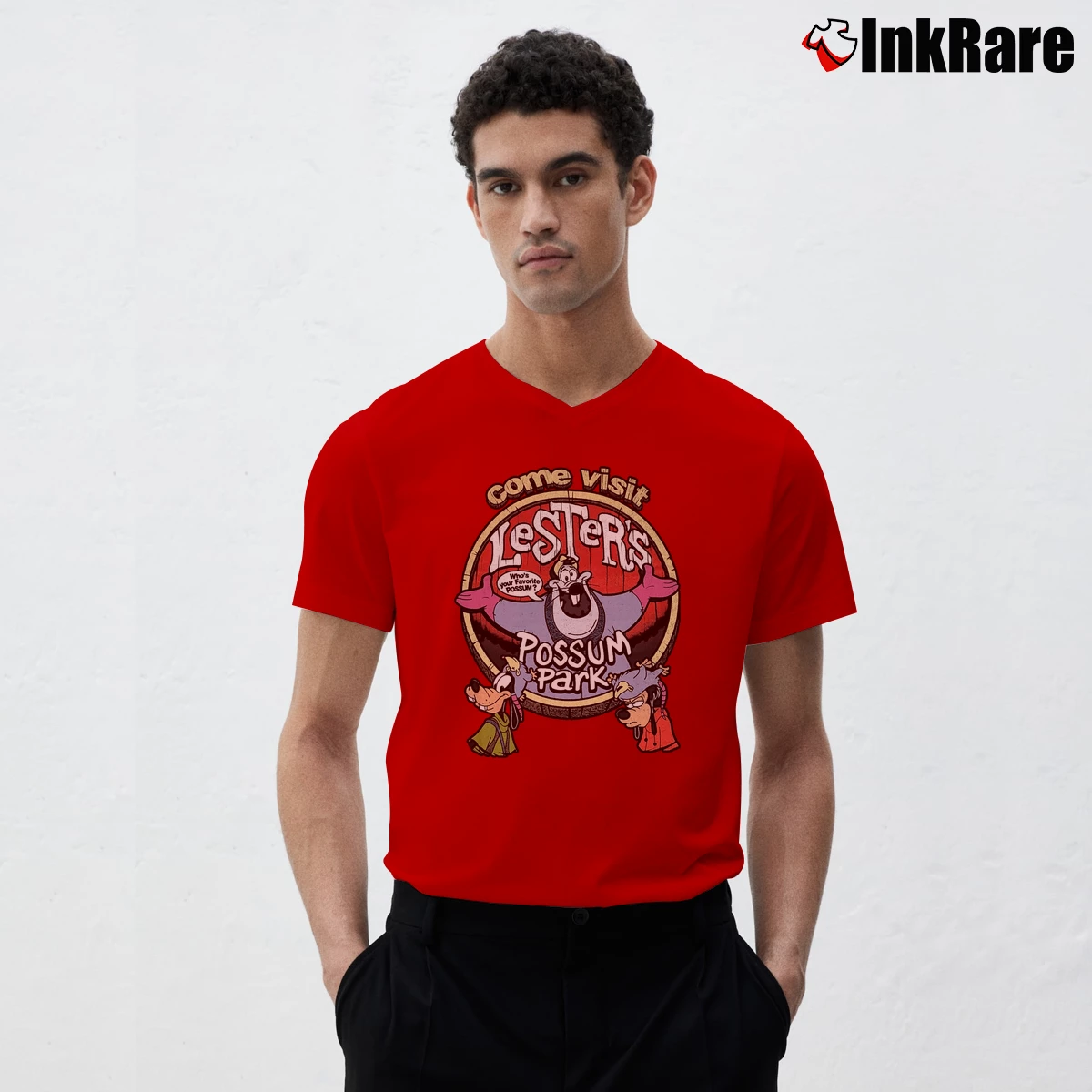 Men’s Goofy Movie Disney Lester's Possum Park V-Neck Tee in red | Sharp, Breathable, Everyday Staple