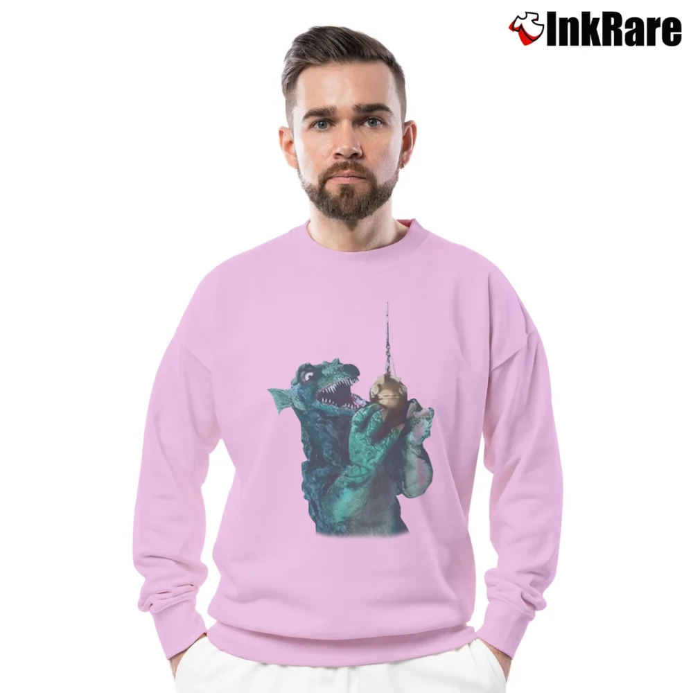Men’s Gorgo Britain's Godzilla Fishing Monster Crewneck Sweatshirt in light pink | Cozy Fabric, Clean Style