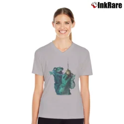 Women’s Gorgo Britain's Godzilla Fishing Monster V-Neck Tee in sport grey | Chic Neckline, Soft Texture