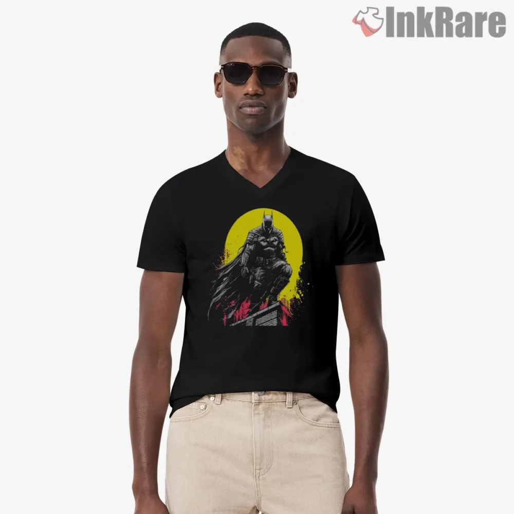 Gotham Rooftop Vigil Yellow Moon Batman Shirt on black v-neck shirt for men graphic tee