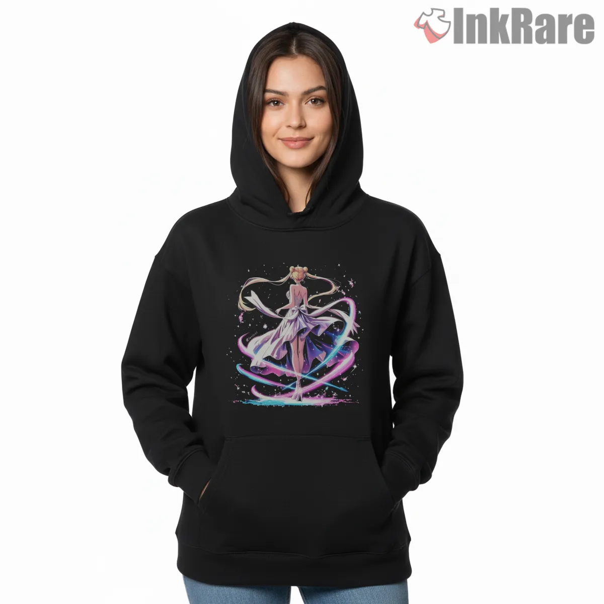 Graceful Celestial White Dress Fantasy Shirt on black hoodie for women graphic tee