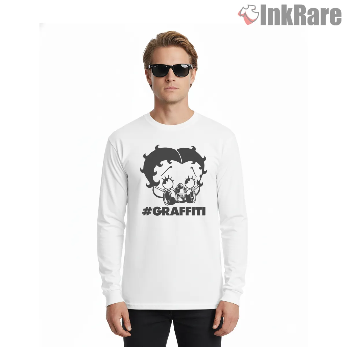 Graffiti Gas Mask Betty Boop Street Art Shirt on white long sleeve shirt for men graphic tee