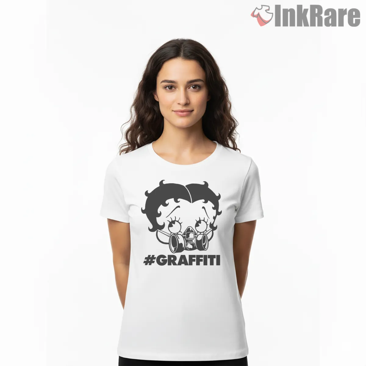 Graffiti Gas Mask Betty Boop Street Art Short Sleeve White Graffiti Gas Mask Betty Boop Street Art Shirt on white short sleeve shirt for women graphic tee