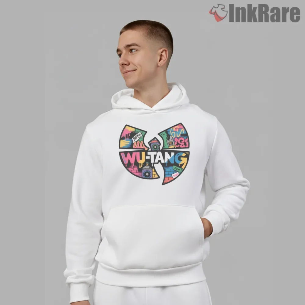 Graffiti Wall Wu Tang Boombox Collage Shirt on white hoodie for men graphic tee