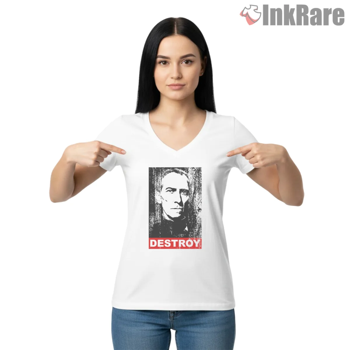 Grand Moff Tarkin Propaganda Style V Neck White Grand Moff Tarkin Propaganda Style Shirt on white v-neck shirt for women graphic tee