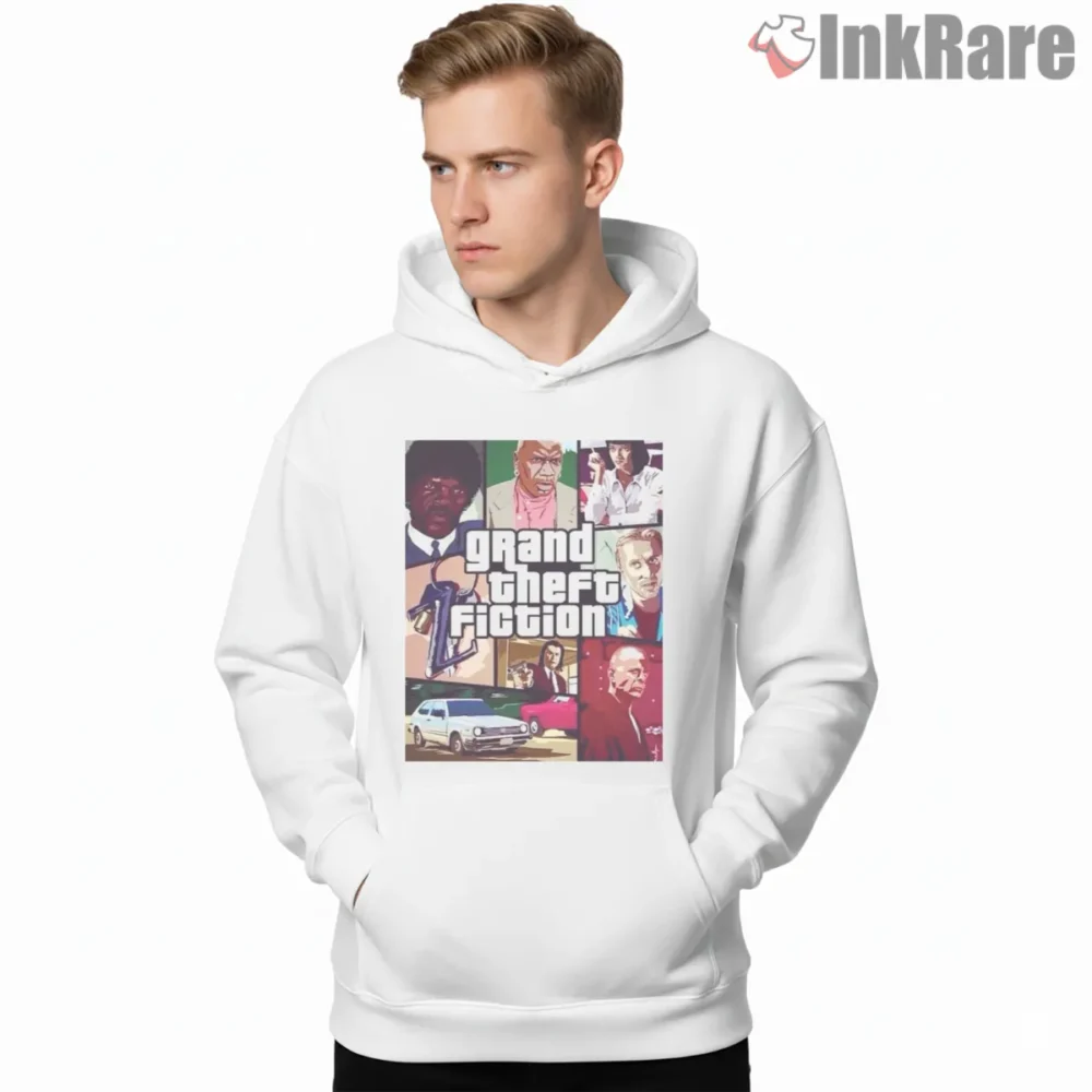 Grand Theft Fiction Crime Collage Shirt on white hoodie for men graphic tee