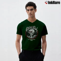 Men’s Grateful Dead 1980 On The Road Again V-Neck Tee in forest green | Sharp, Breathable, Everyday Staple