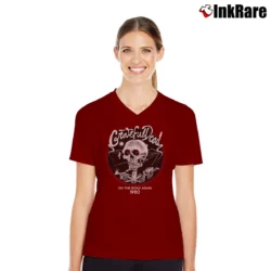 Women’s Grateful Dead 1980 On The Road Again V-Neck Tee in maroon | Chic Neckline, Soft Texture