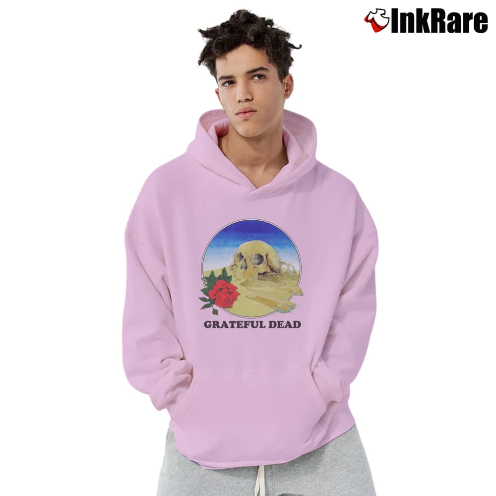 Men’s Grateful Dead 1981 Stanley Mouse Europe Skull Rose Design Pullover Hoodie in light pink | Cozy, Durable, Modern Fit