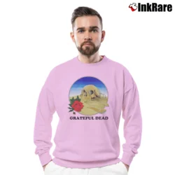 Men’s Grateful Dead 1981 Stanley Mouse Europe Skull Rose Design Crewneck Sweatshirt in light pink | Cozy Fabric, Clean Style