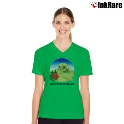 Women’s Grateful Dead 1981 Stanley Mouse Europe Skull Rose Design V-Neck Tee in irish green | Chic Neckline, Soft Texture