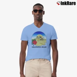 Men’s Grateful Dead 1981 Stanley Mouse Europe Skull Rose Design V-Neck Tee in light blue | Sharp, Breathable, Everyday Staple