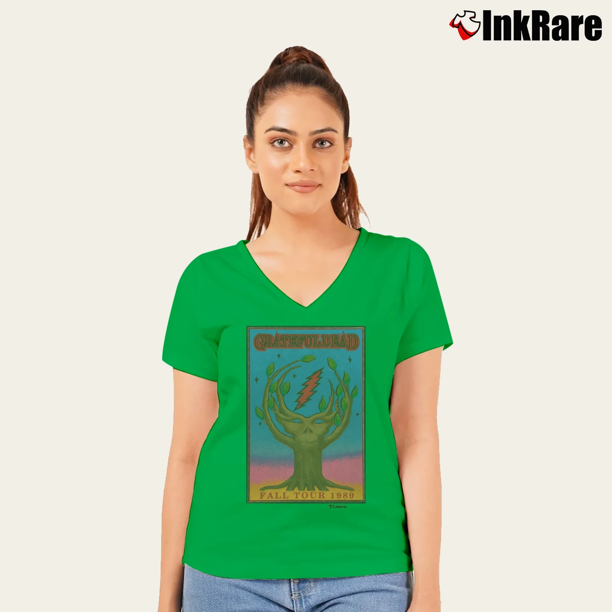 Women’s Grateful Dead 1989 Fall Tour Tree Of Life V-Neck Tee in irish green | Chic Neckline, Soft Texture
