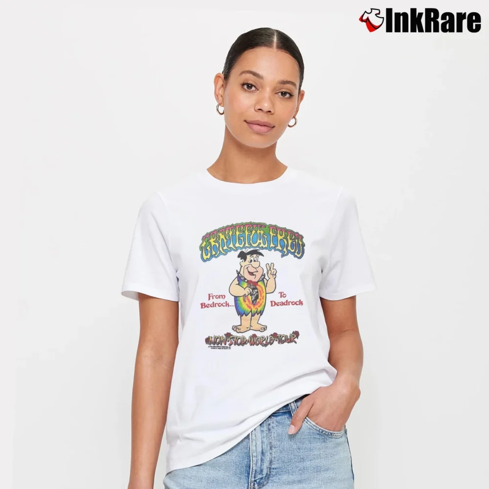 Women’s Grateful Dead 1989 Fred Flintstones Parody Non Stop World Tour Signature T-Shirt in white | Soft, Flattering Fit