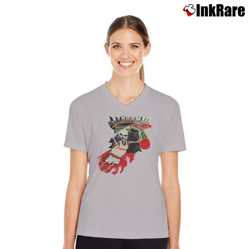 Women’s Grateful Dead 1992 Lithuania Basketball V-Neck Tee in sport grey | Chic Neckline, Soft Texture