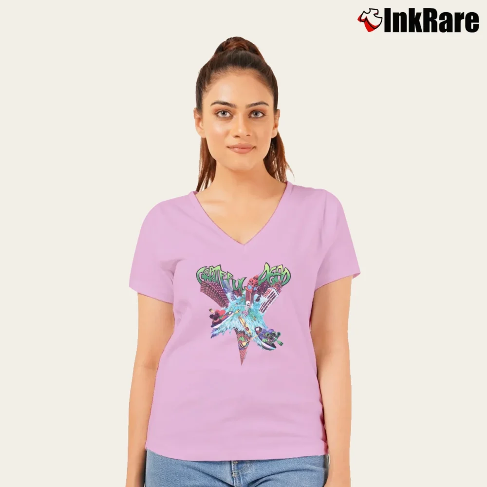 Women’s Grateful Dead 1992 Wake Of The Flood Tie Dye Tour V-Neck Tee in light pink | Chic Neckline, Soft Texture