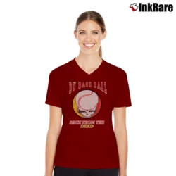 Women’s Grateful Dead 90s Back From The Dead Baseball V-Neck Tee in maroon | Chic Neckline, Soft Texture