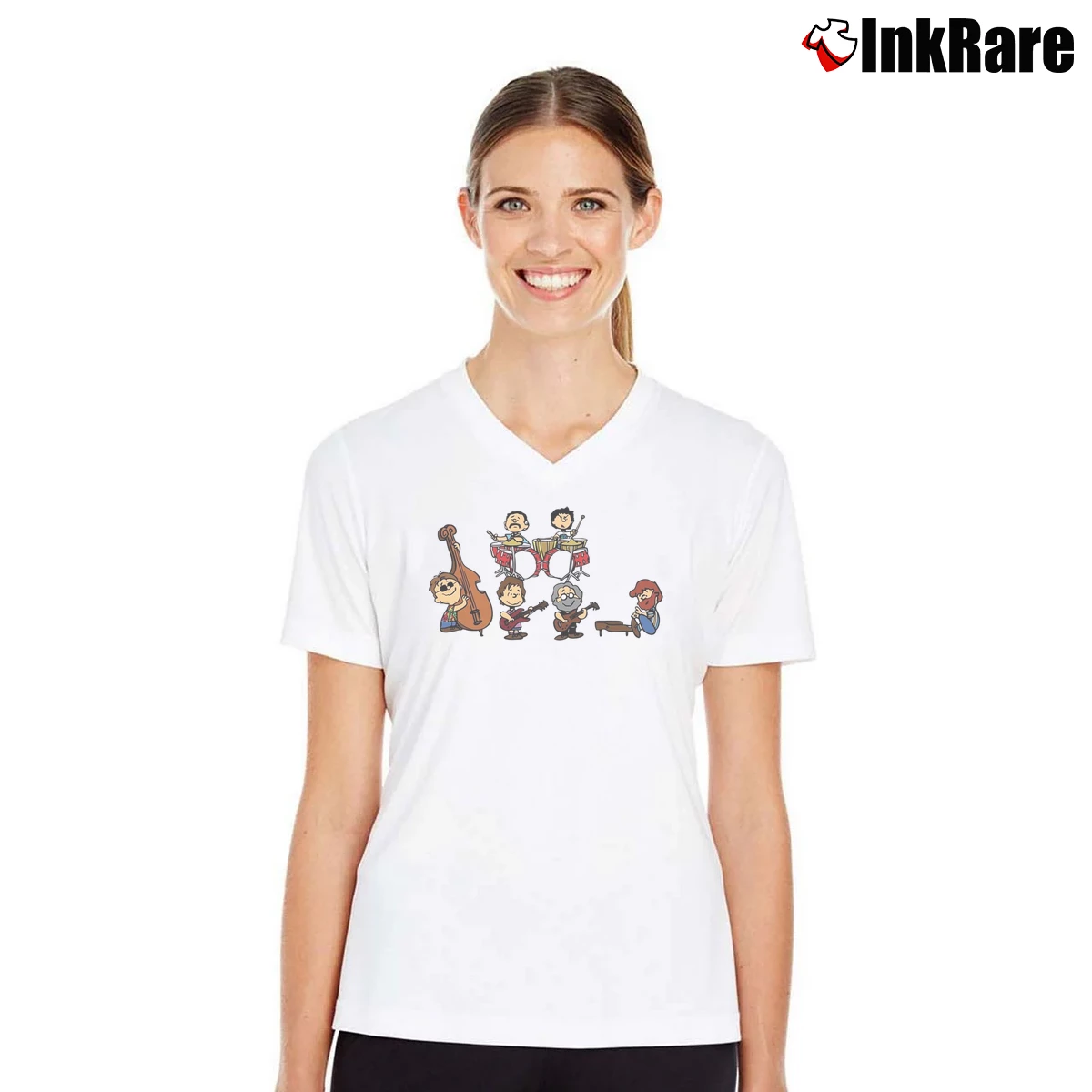 Grateful Dead Cartoon Band Plays Women’s V-Neck Tee in white – Flattering Fit Women’s Grateful Dead Cartoon Band Plays V-Neck Tee in white | Chic Neckline, Soft Texture