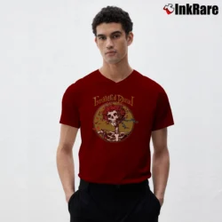 Men’s Grateful Dead Classic Skull And Roses V-Neck Tee in maroon | Sharp, Breathable, Everyday Staple