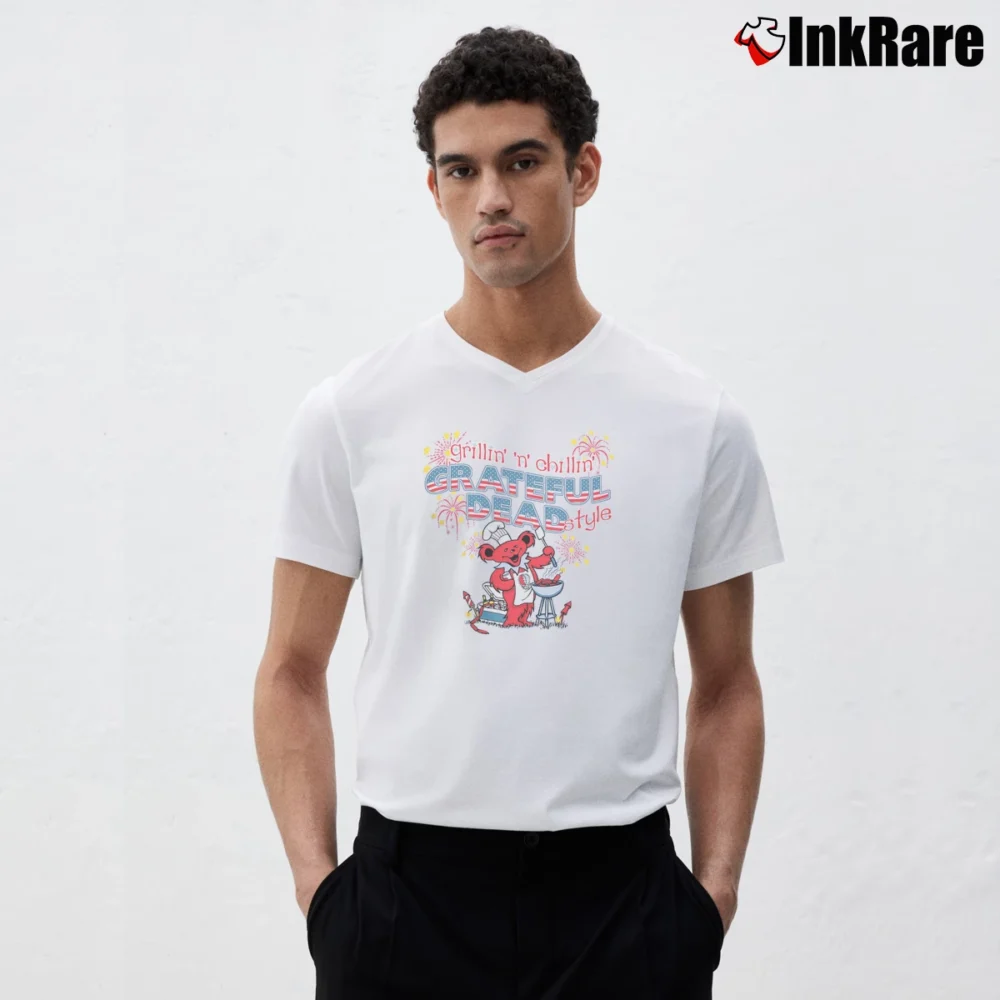 Men’s Grateful Dead Grillin N Chillin Vintage Rare V-Neck Tee in white | Sharp, Breathable, Everyday Staple
