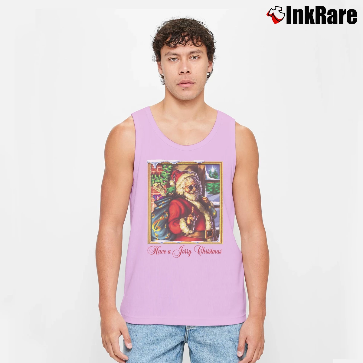 Men’s Grateful Dead Jerry Christmas Tank Top in light pink | Breathable, Active-Friendly Design