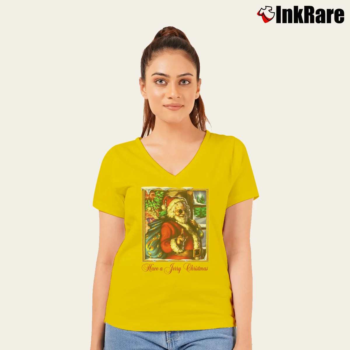Women’s Grateful Dead Jerry Christmas V-Neck Tee in yellow | Chic Neckline, Soft Texture