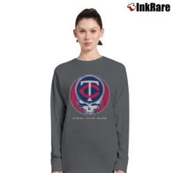 Women’s Grateful Dead Minnesota Twins Steal Your Base Rare Classic Unique Band Long-Sleeve Top in charcoal | Sleek, Versatile, All-Season