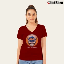 Women’s Grateful Dead New York Mets Steal Your Base V-Neck Tee in maroon | Chic Neckline, Soft Texture