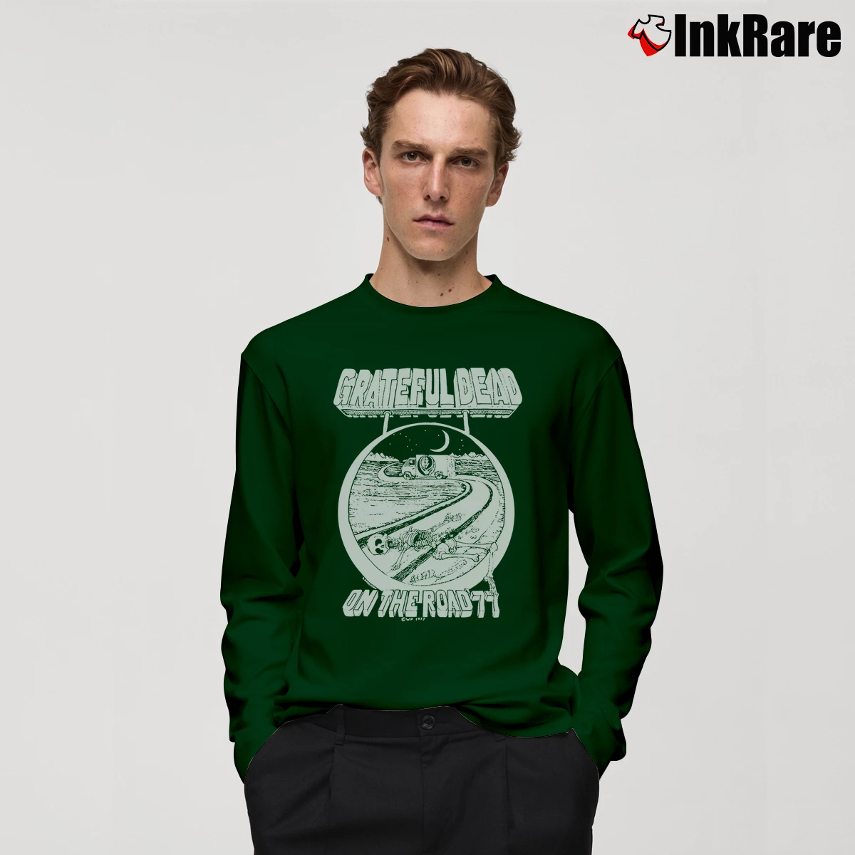 Men’s Grateful Dead On The Road 1977 Concert Long-Sleeve Shirt in forest green | Sleek, Lightweight, Year-Round Wear