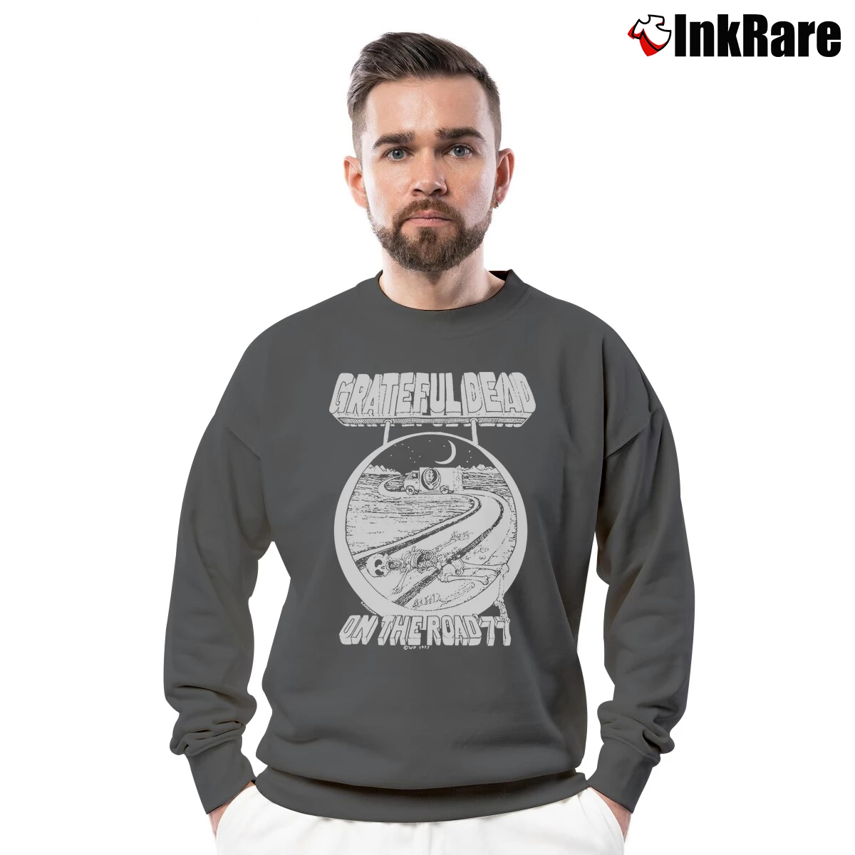Men’s Grateful Dead On The Road 1977 Concert Crewneck Sweatshirt in charcoal | Cozy Fabric, Clean Style