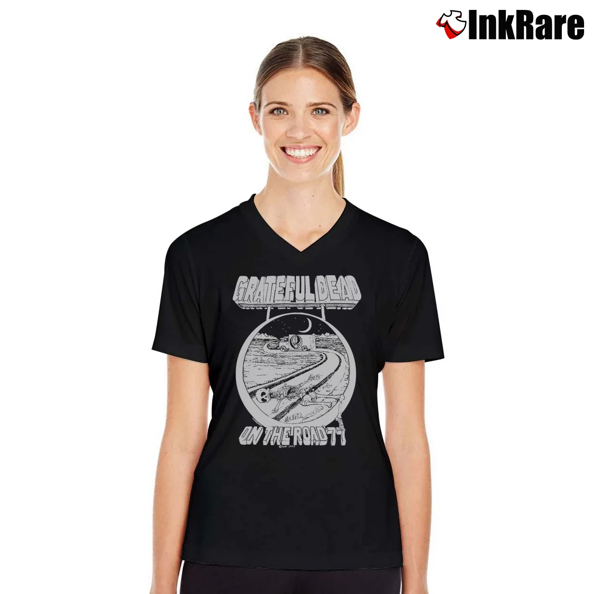 Women’s Grateful Dead On The Road 1977 Concert V-Neck Tee in black | Chic Neckline, Soft Texture